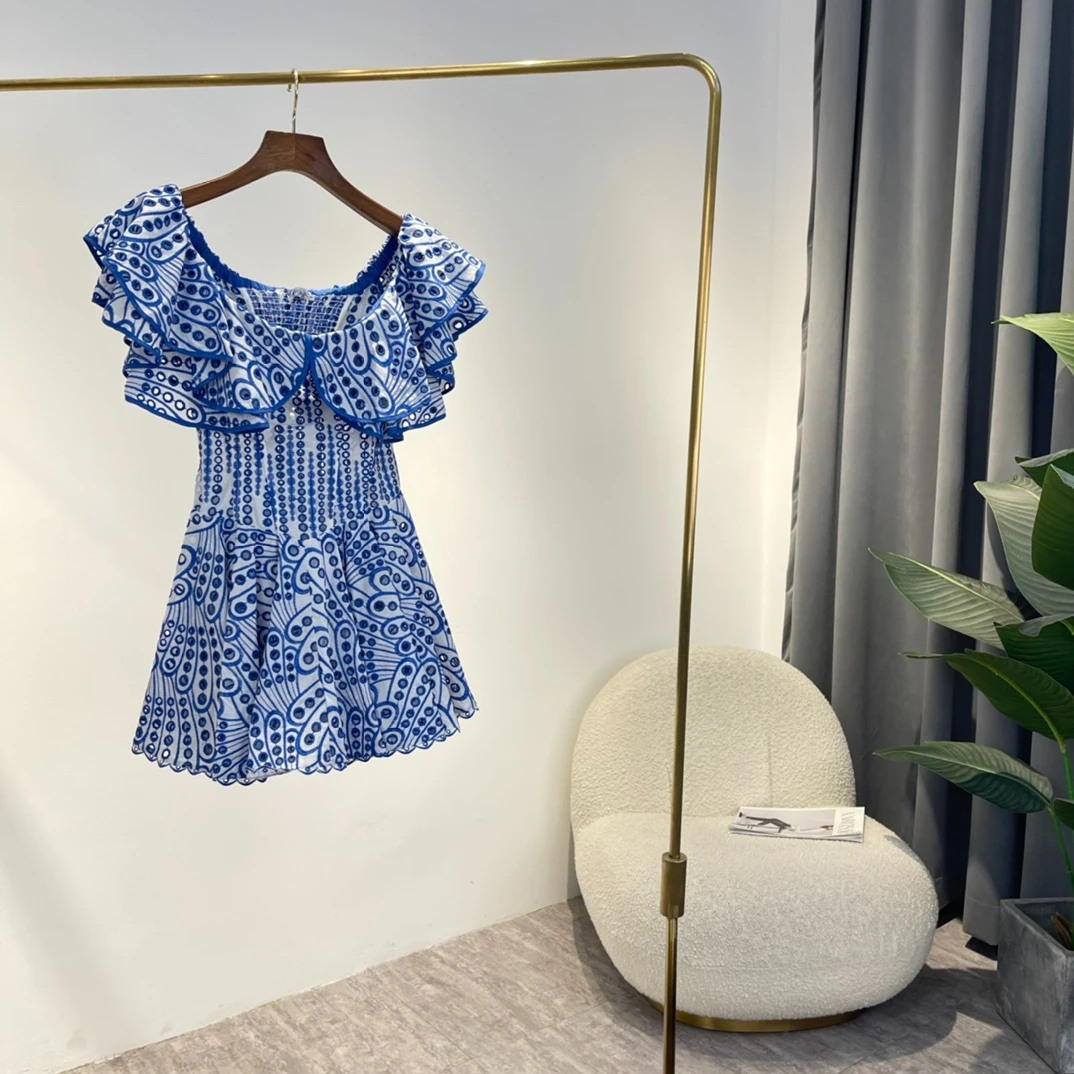 

Embroidered Off The Shoulder Sky Blue Yellow Dress 2022 Summer New Hot Sale High Quality Ruffles Hols Circles Embroidery Clothes