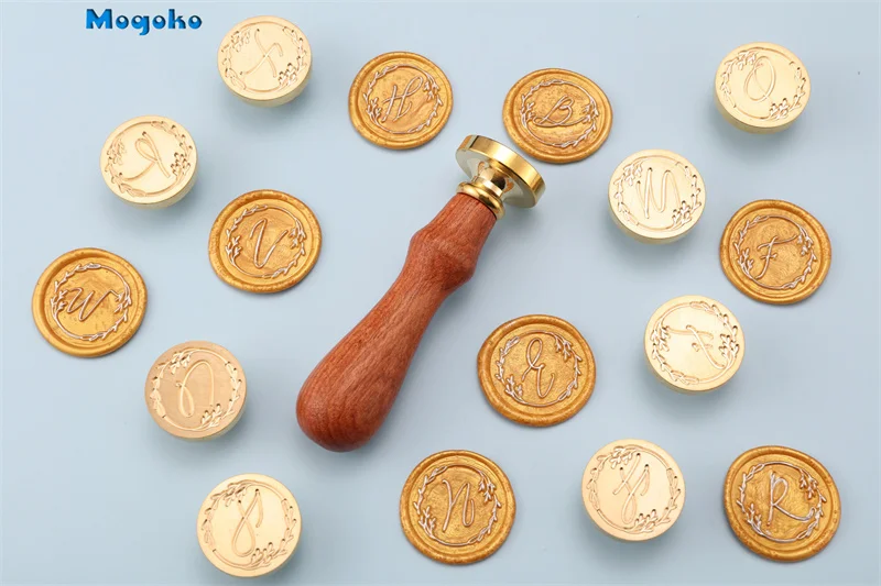 

Mogoko Olive Branches Wax Seal Stamps Retro Wood Classic Sealing Wax Stamp Wedding Invitation Cards Decor 26 Letter A-Z Alphabet