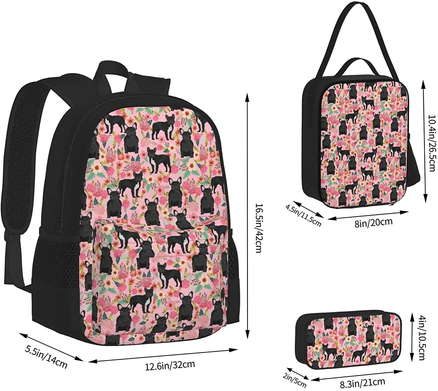 Bulldog Floral Fabric Black Backpack Set 3-Piece Teen Boys Girls Backpack Messenger Lunch Bag Pencil Case Set