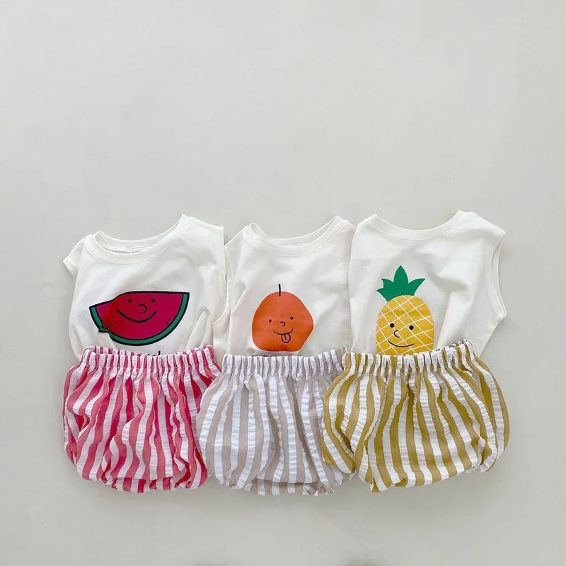 

Summer Baby Clothes Set Infant Cartoon Fruit Sleeveless T-Shirt Top Striped Shorts 2Pcs Suit
