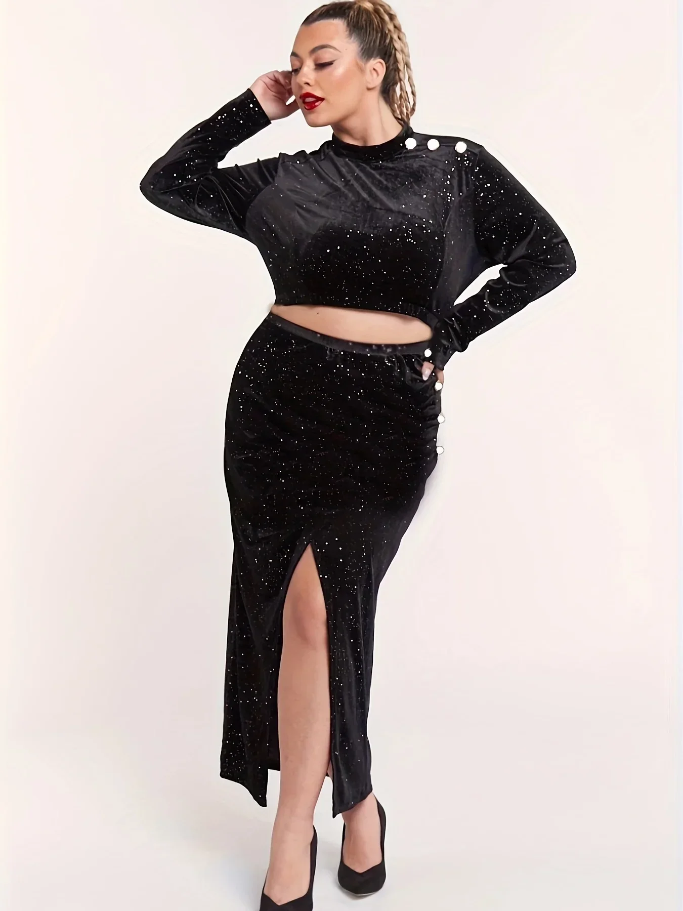 Элегантный женский Блестящий Бархатный комплект из двух предметов с длинным