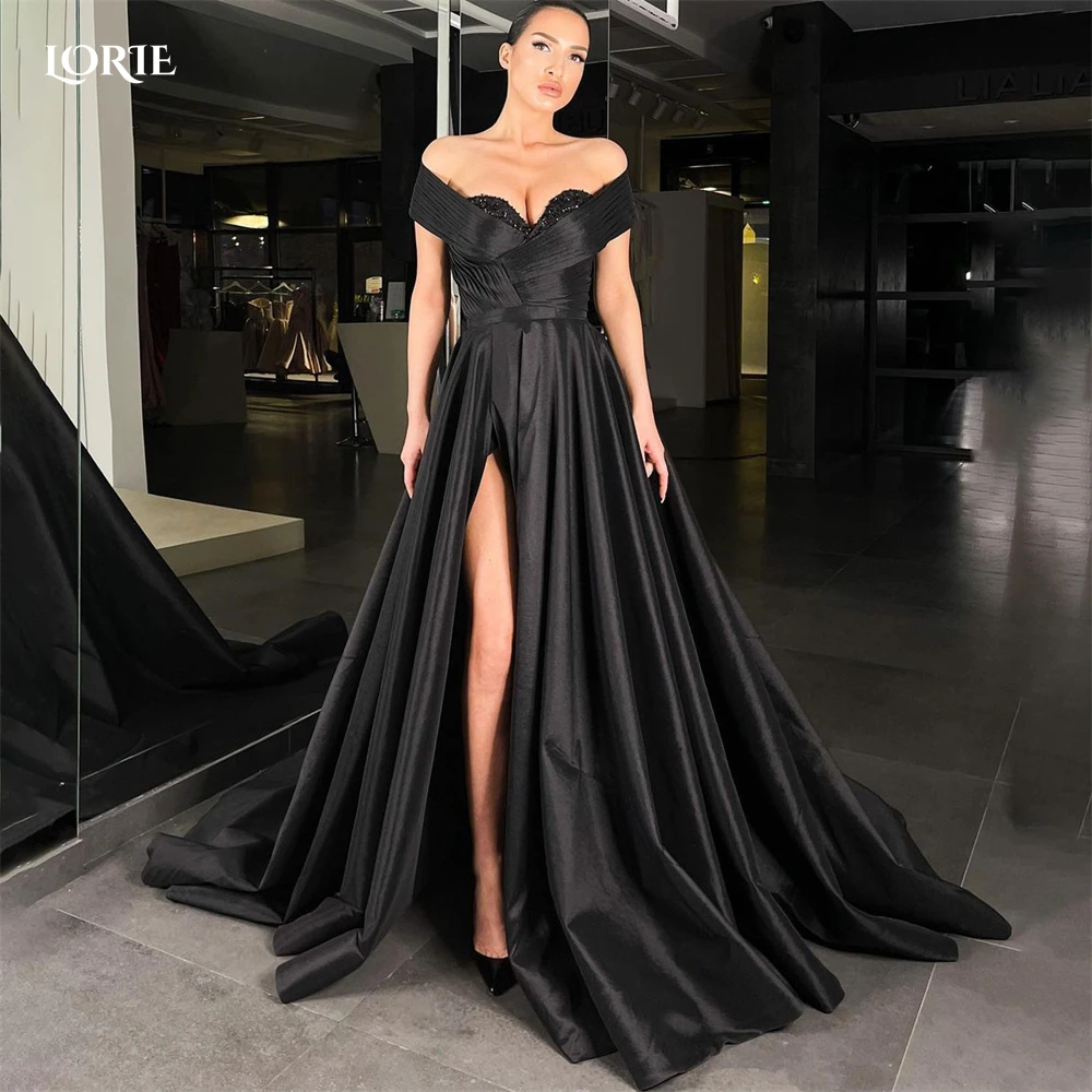 

LORIE Black Evening Dresses Arabia Off Shoulder Side Slit Beadings Prom Dress A-Line Satin Dubai Solid Celebrity Party Gowns