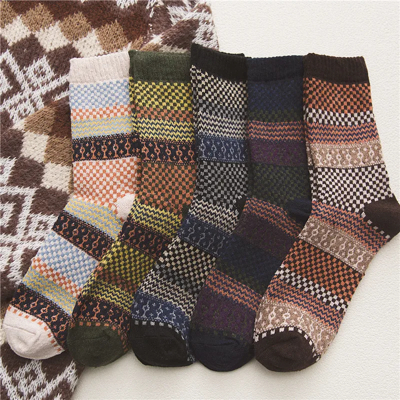 5 Pairs Autumn Winter National Wind Women Wool Socks Warmer Small Square Ethnic Style Cashmere Thermal Thicken Women Socks
