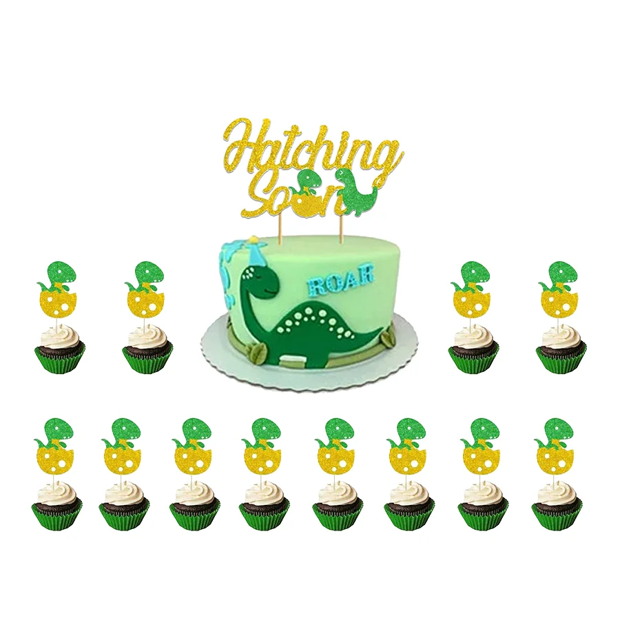 

Cute Little Dinosaur Theme Hatching Soon Golden Glitter Cake Cupcake Topper for Baby Shower Kids Birthday Party Decoration
