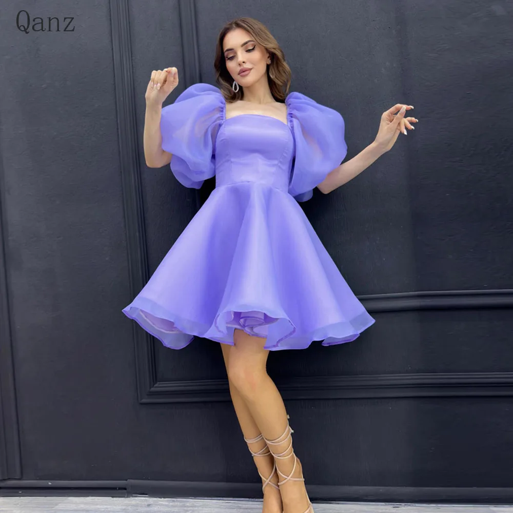 

Qanz сексуальные фиолетовые платья для выпускного вечера с короткими рукавами-фонариками А-силуэт из органзы Вечерние платья 2023 выше колена/мини-платья