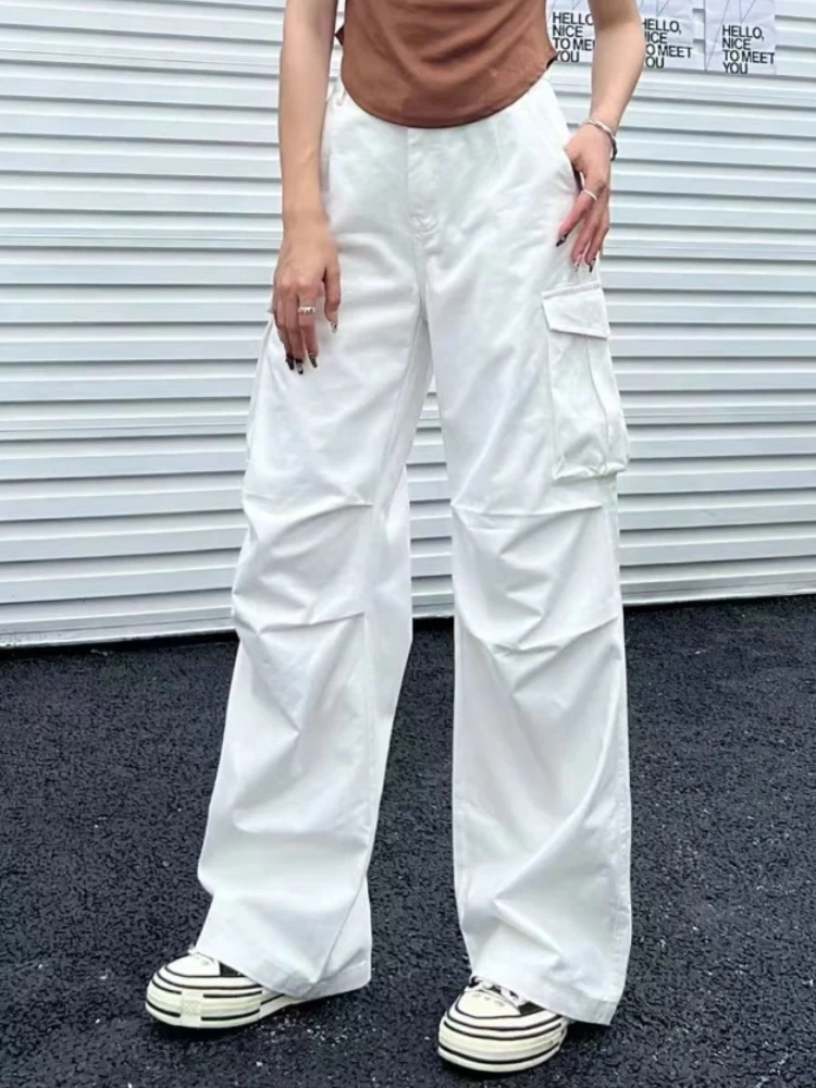 

Autumn White Cargo Pants Women High Waist Casual Straight Pants Female Streetwear Fashion Baggy Wide Leg Big Pocket Trousers