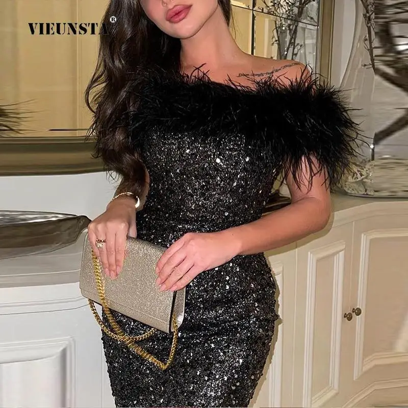 

Fashion Shiny Sequins Slim Women Mini Dress 2023 New Lady Banquet Dress Mujer Sexy Feather Stitching Slash Neck Club Party Dress
