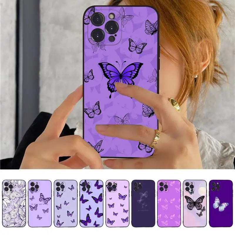 

Aesthetic Purple Butterflies Phone Case For iPhone 13 Pro MAX 14 11 12 Mini X XS XR 6 7 8 Plus SE 2020 Soft TPU Cover