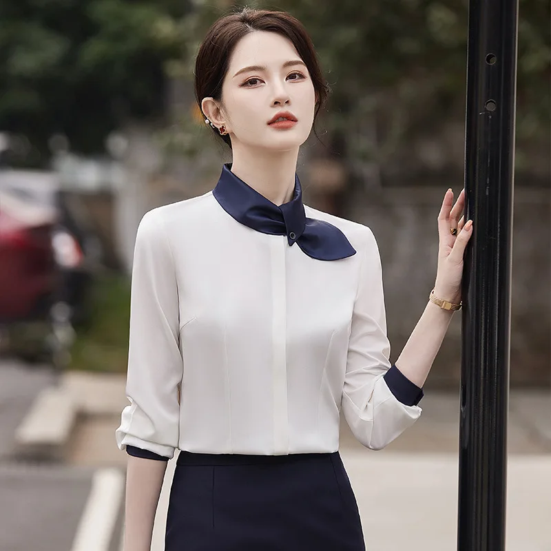 Блузка Женская Офисная с длинным рукавом Элегантная Модная стильная рубашка для