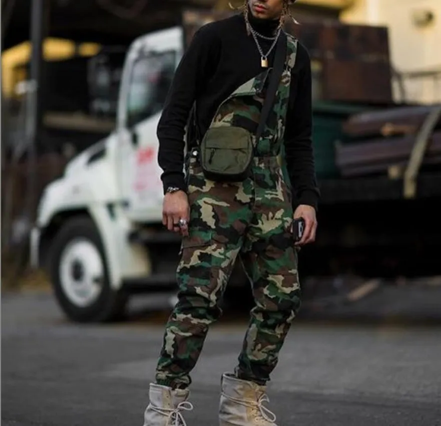 Stylish Mens Denim High-waisted Strap Overalls Jumpsuit Casual Pants High Street Pockets Jeans Fashion Jeans Male Plus Size