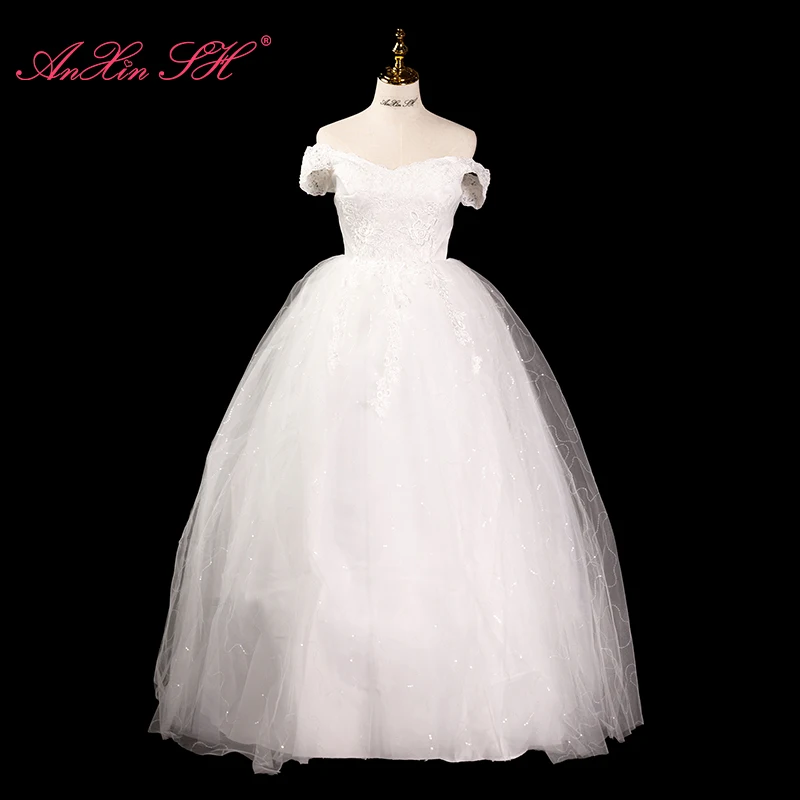 

Белое блестящее кружевное свадебное платье AnXin SH в стиле принцессы, с вырезом лодочкой, на шнуровке, винтажное стандартное бальное платье с оборками, простое платье невесты