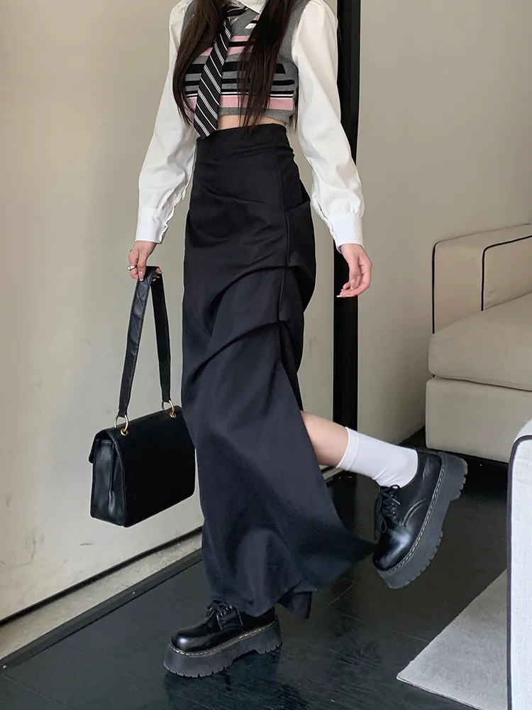 

2023 Summer Black All-match A-line Skirt for Women High Waist Ruched Skirts Y2k Aesthetics Mid-length Split Faldas Mujer