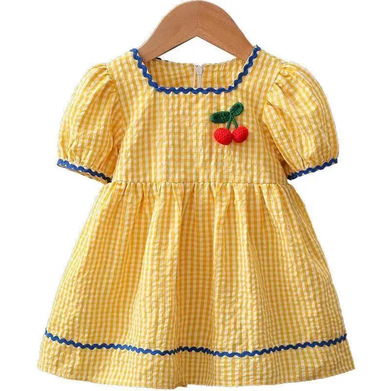 

Girls Dress Summer Children's Clothing New Fresh Cute Sweet Soft Cotton Plaid Korean Version Short-sleeve Princess Skirt