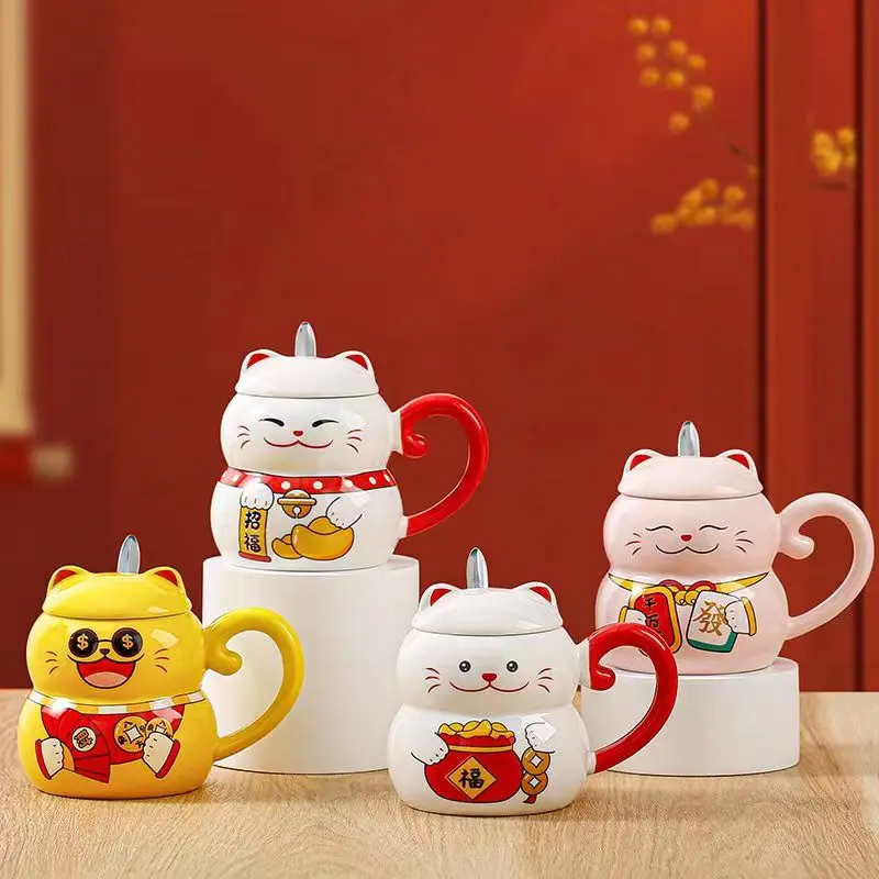Керамическая кофейная кружка Lucky Cat с крышкой для кошки, креативный милый мультяшный милый подарок для завтрака, бутылка для воды, офисная посуда для питья, посуда для напитков (art.: 3920d321b3606) - 3920d321b3606