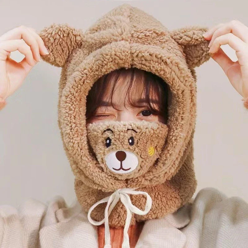 

Зимняя мультяшная шапка с маской, шапки-бини с медведем, ушами из ягненка, теплые утепленные шапочки с защитой ушей, облегающие шапочки для женщин и девочек, кавайные