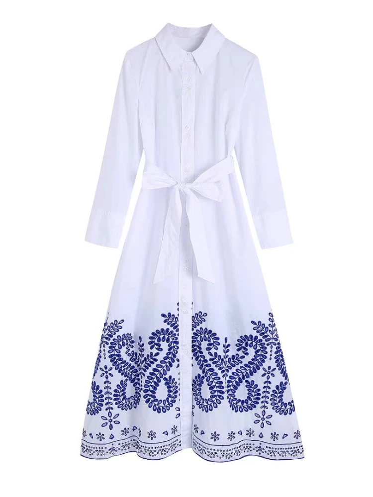 

BBWM Vintage 2022 New Spring Hollow Out Embroidery Women Sashes Dresses Fashion Elegant Female Long Sleeve Dress Loose Chic