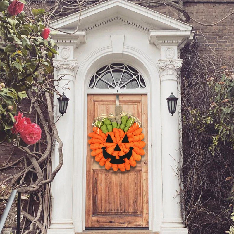 Halloween Pumpkin Wreath Burlaps Jack-o-lantern Wreath Ghost-face Door Hanger Halloween Decorations for Home Outdoor Garden