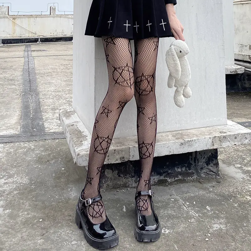 

100 Pcs Wholesale Lolita Girls Cute Pentacle Print Tights Women Sexy Gothic Punk Magical Five-Pointed Star Fish Net Pantyhose