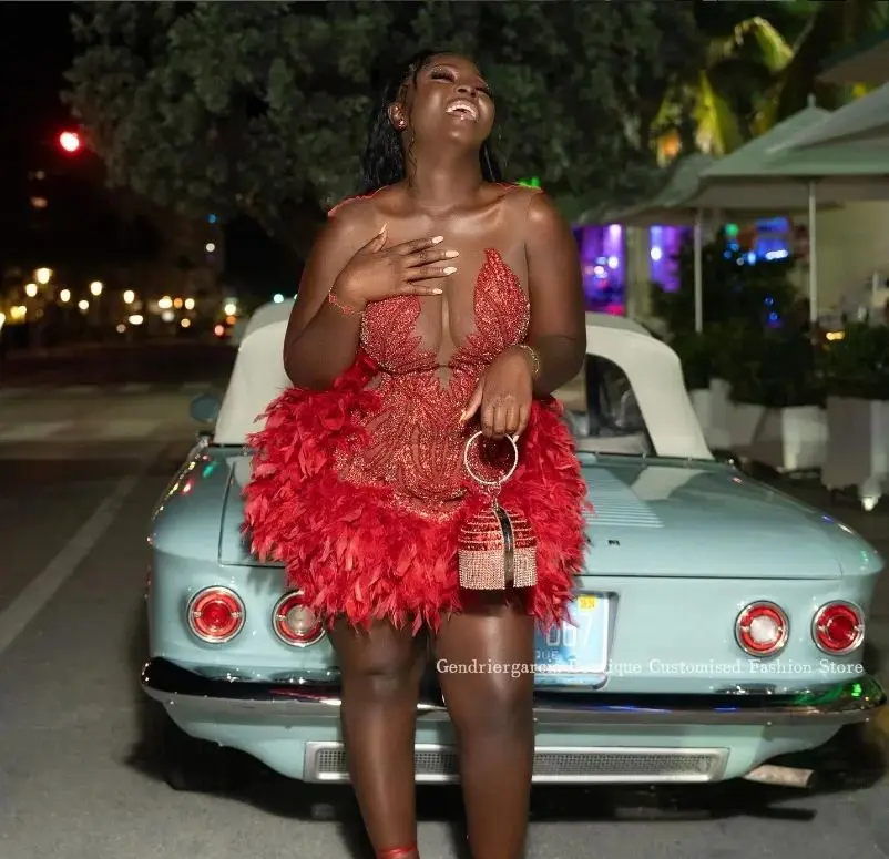 Красное роскошное короткое коктейльное мини-платье для черных девушек блестящее