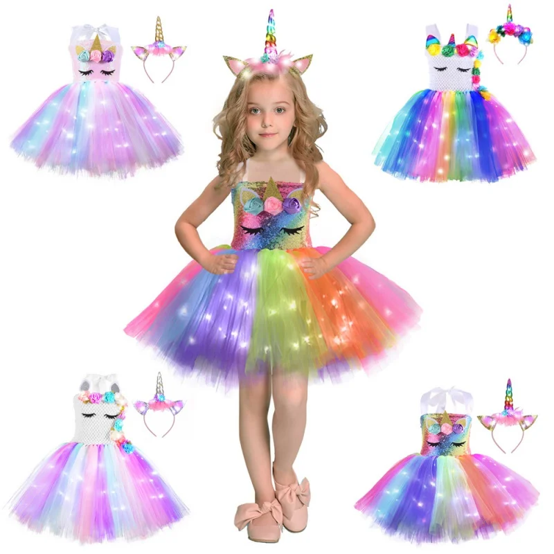 

Purim рождественское светящееся платье единорога для девочек, детское платье на день рождения со светодиодной подсветкой, детские костюмы для косплея принцессы