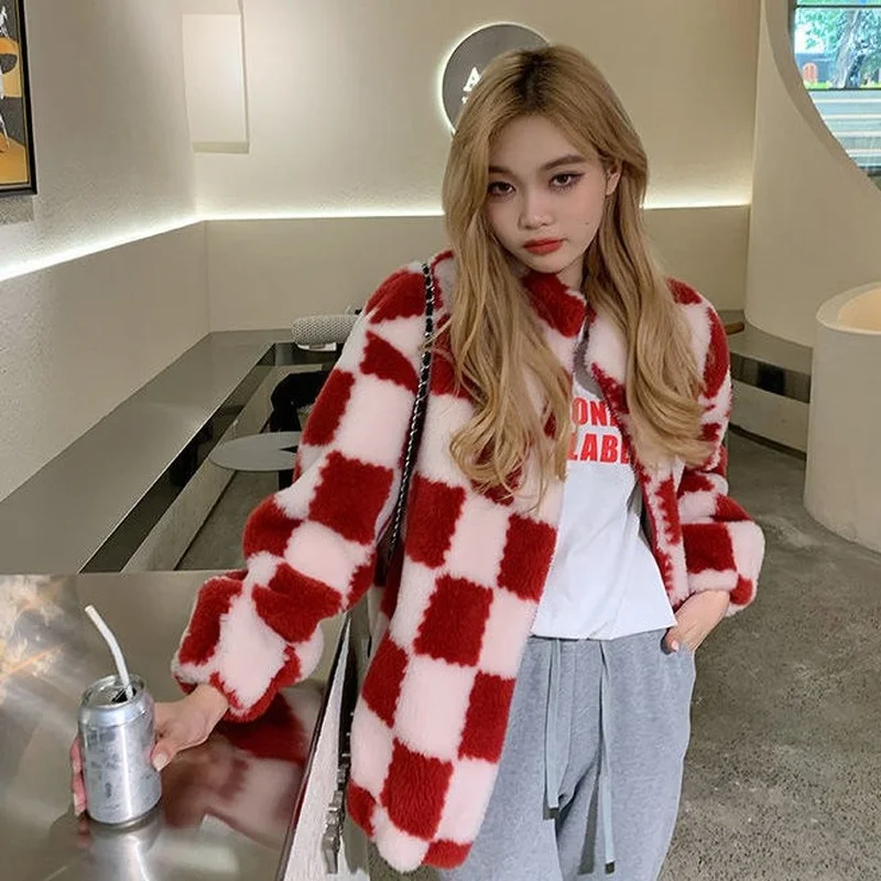 Checkerboard Women's Jacket Faux Fur Teddy Jacket New Retro Checkered Thicken Warm Jacket Ladies Fur Coat Winter Clothes Women