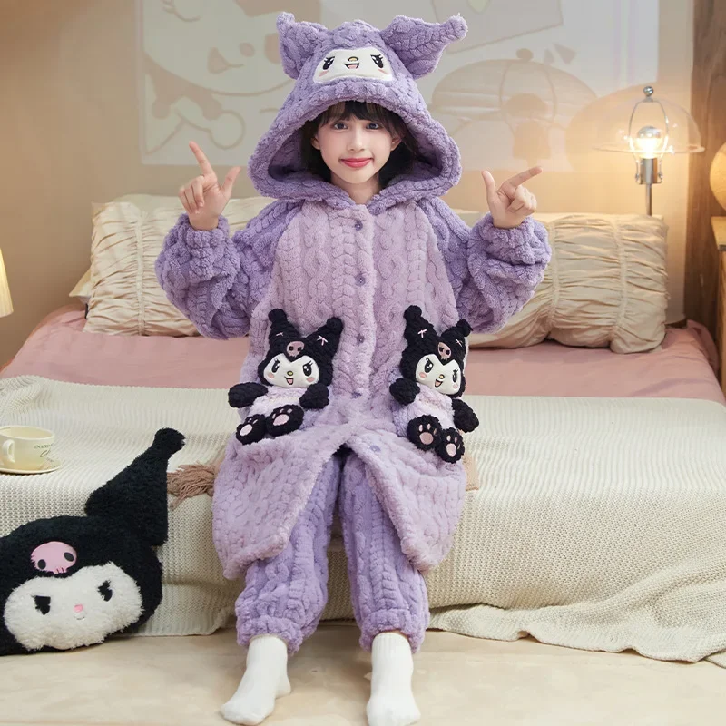 Kawaii фланелевые пижамы для мамы и детей Sanrio Melody Pochacco Cinnamoroll Kuromi теплый халат с 3d
