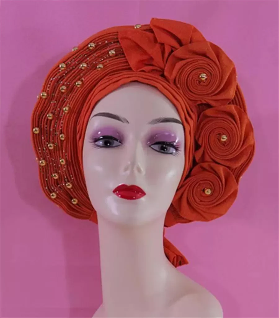 

NEW Headtie Gele Nigerian African Orange aso oke 2022 High Quality For Party Muslim Braids Headwrap Women Scarf Turban Cap1Set
