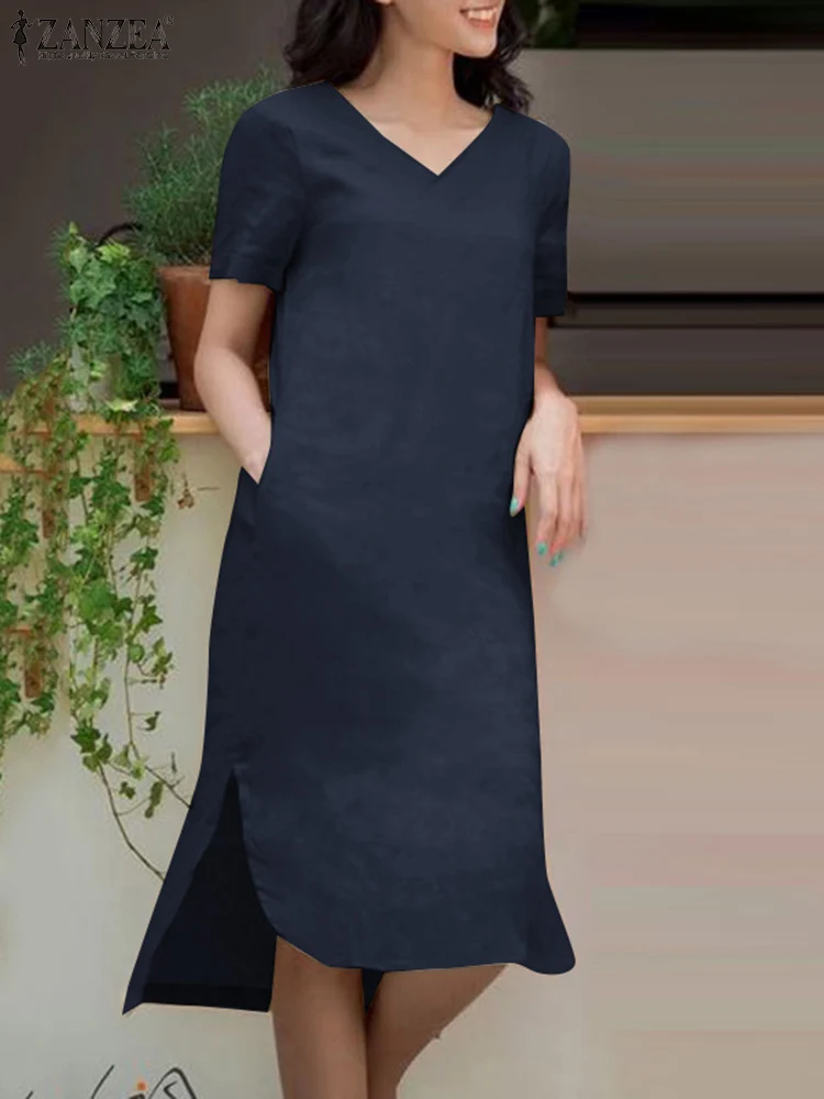 

ZANZEA Stylish Summer Sundress Women Elegant Casual Solid Dress Robe Femme Loose V Neck Short Sleeve Split Hem Midi Vestido 2023
