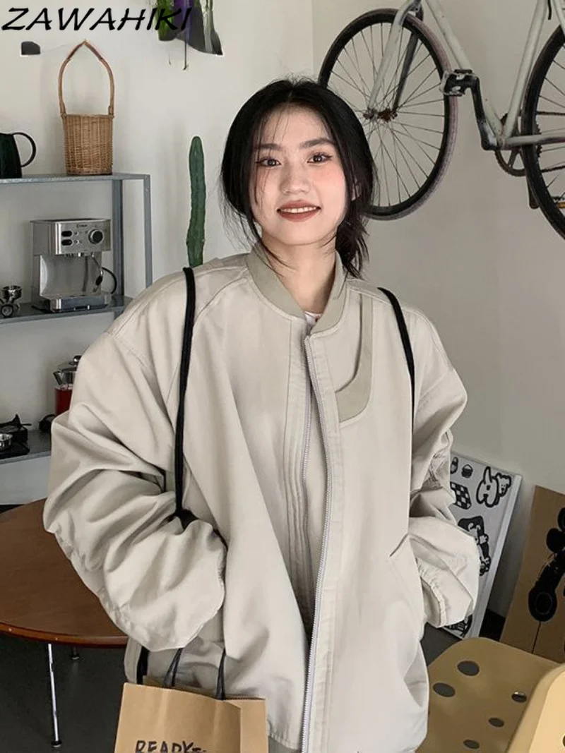 

Американская ретро куртка, женские свободные пальто, модная уличная куртка на молнии, Y2K, эстетичная одежда, Женская бейсбольная форма, верх...