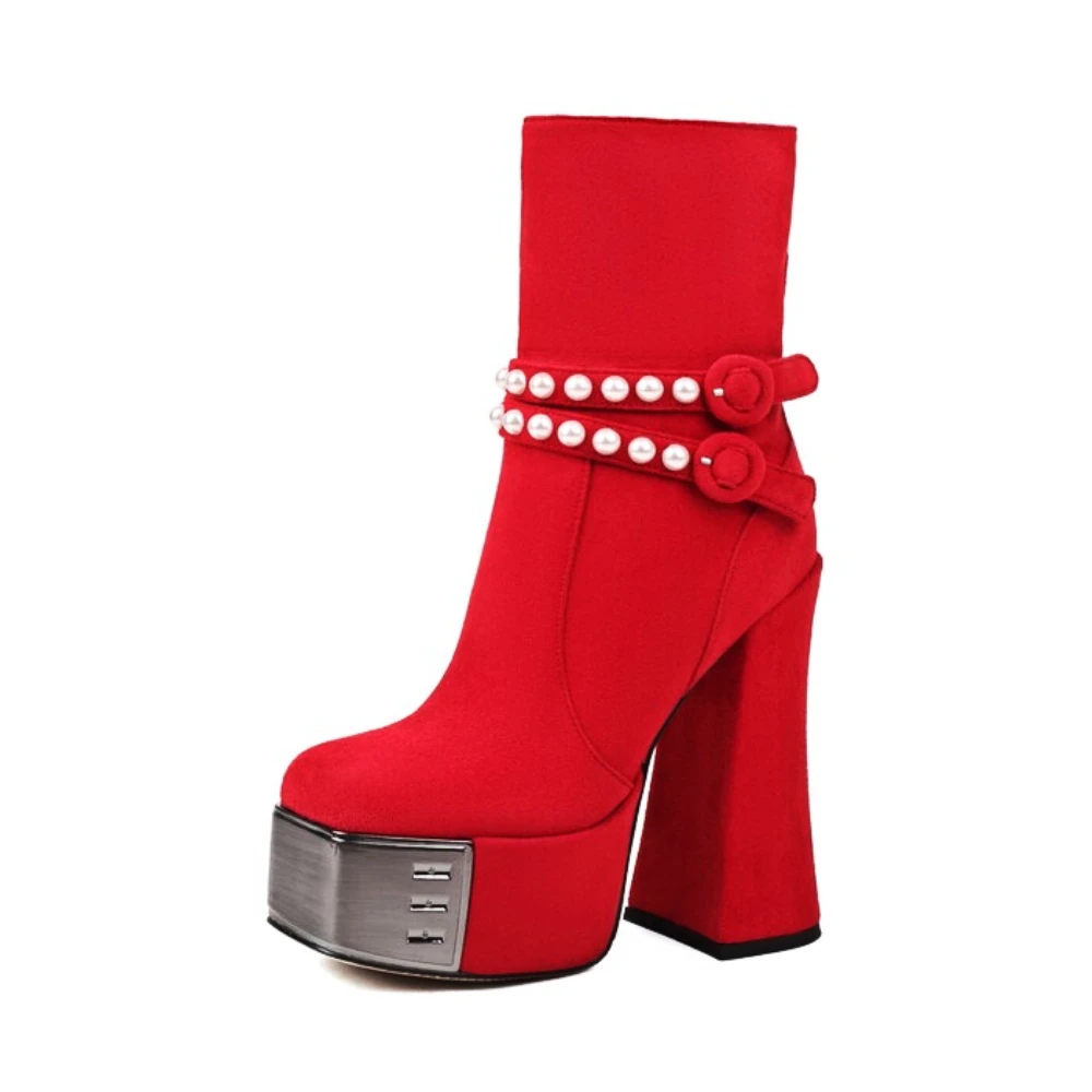 

Ladies Punk Boots Metal Toe Design Chunky Heels Cool Platform Boots Red Black Ankle Boots Fashion Pearl Rivet Women's Shoes Chic