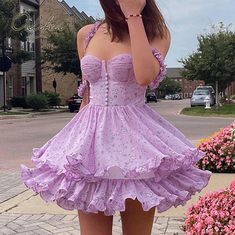 Женское вечернее мини-платье Ordifree, сексуальное платье-корсет в стиле принцессы с винтажным принтом, фиолетовое Цветочное платье с оборками, лето 2022