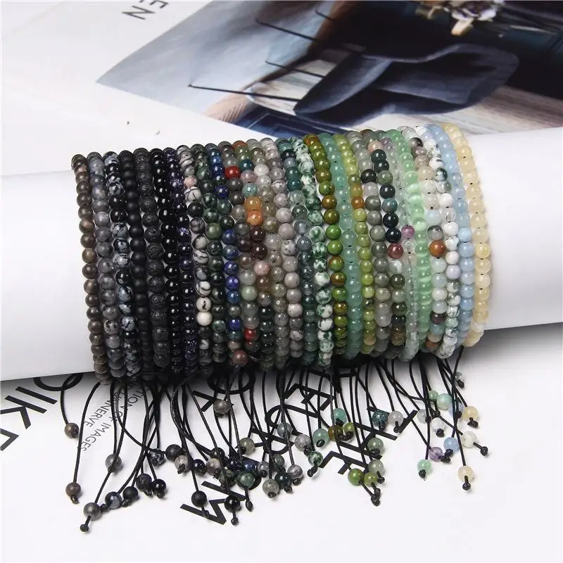 

4mm Adjustable Stone Beads Bracelet For Women Natural Agates Jaspers Onyx Lapis Lazuli Woven Bracelet For Gift Jewelry