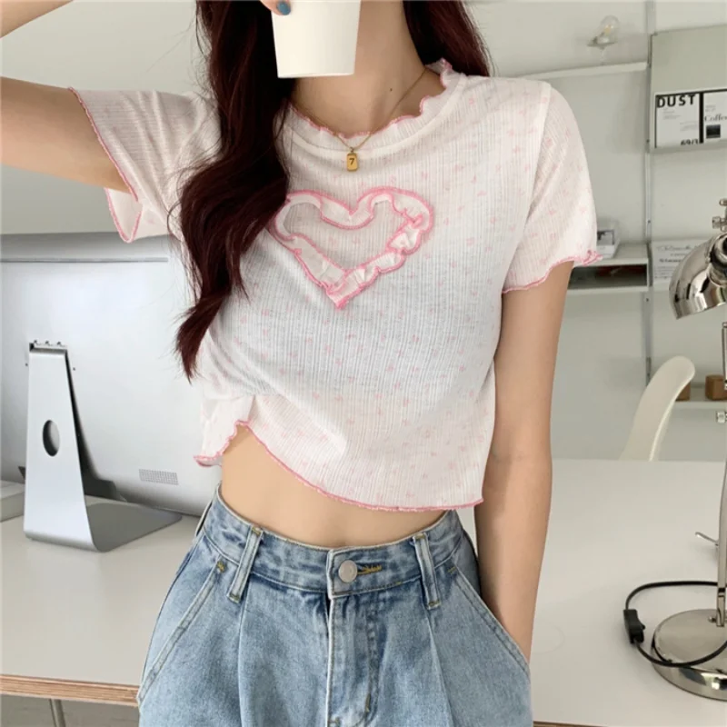 

Women Korean Chic Polka Dot Printed Slim Fit T-shirts Girlish Style Cute Heart-shape Short Sleeve Crop Tops Casual Tees Female