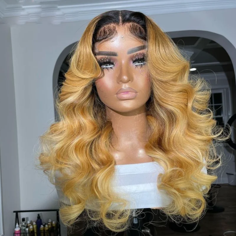 Glueless Long Natural Wavy Human Hair Wig Pre Plucked With Baby Hair Ombre Blonde Glueless 13x4 Lace Front Wig For Women