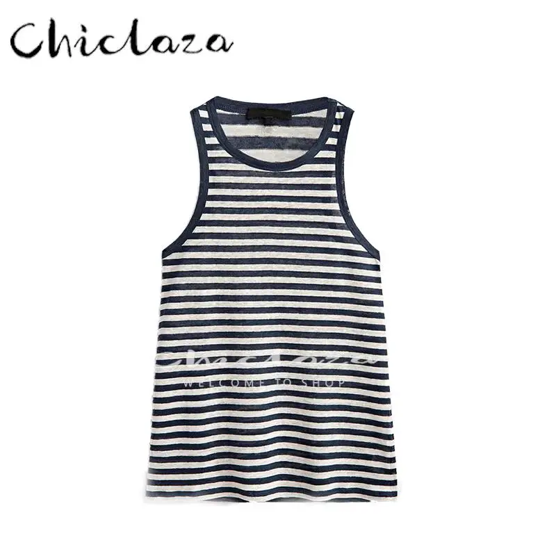 

CHICLAZA 2022 Summer Women Fashion Linen Striped Sleeveless Round Neck Vest Female Slim Wild Simple Casual Tops