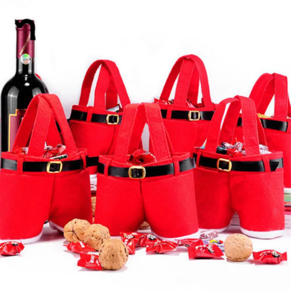 

1 PC Christmas Buckram Santa Pants Large Handbag Candy Wine Gift Bag Xmas Decor Cheer Gift Treat Candy Wine Bottle Holder