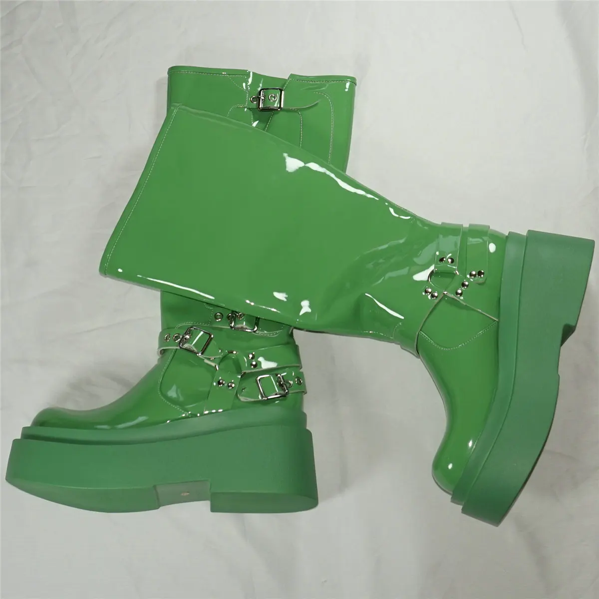 Green Wedges Fashion Sneakers Women Patent Leather Super High Heels Knee High Boots Female Round Toe Platform Pumps Casual Shoes