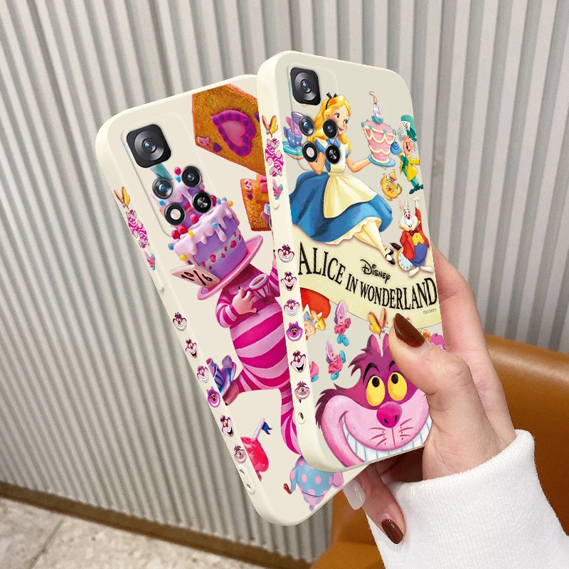 

Cute Alice and Cheshire Cat Phone Case For Xiaomi Redmi Note 11 11S 11T 10S 10 9S 9T 9 8T 8 Pro Plus 5G Liquid Left Rope Cover
