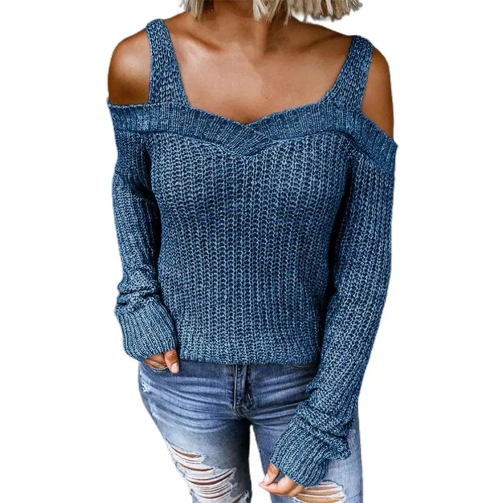 

Ladies sweater Long Sleeves Solid Color Ribbed Cuffs Women Sweater Autumn Winter Cold Shoulder Sling Sweater Jumper Streetwear