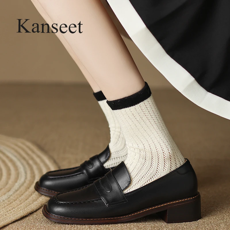 

Kanseet Women Shoes Spring Newest 2023 Round Toe Casual Genuine Leather Mid Heels Handmade Pumps Ladies Shoes Khaki 40 Loafers