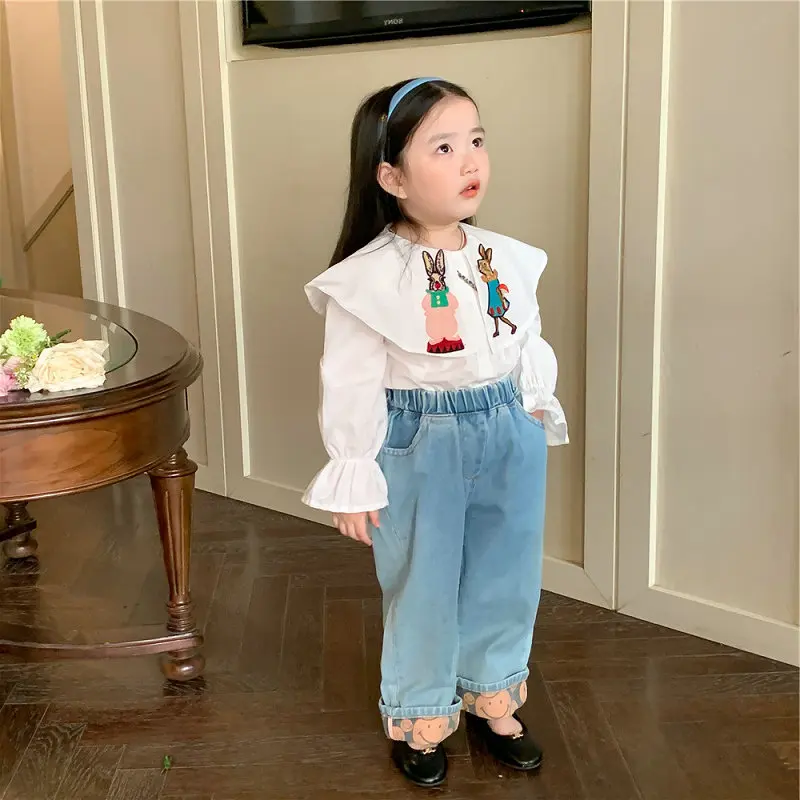 

Spring Autumn Outfits Girl Children Fashio Cartoon Long Sleeves Shirt Boy Baby Embroidery Rabbit Tops Kid Cotton Casual Blouse