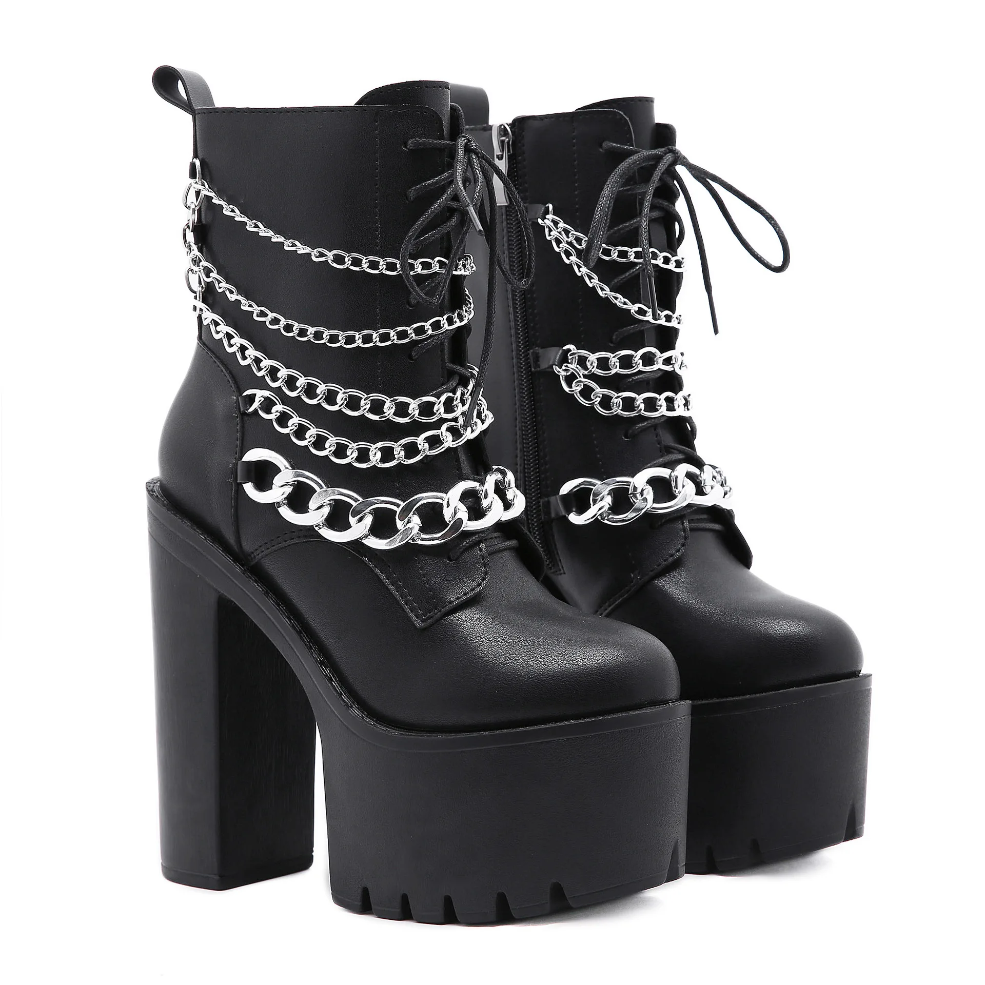 

Chain Nude Boots Shoe Height 15cm Belt Buckle Women Boots Botas Altas Plataforma Mujer Plus Size 43 Chunky Heel Biker Boots