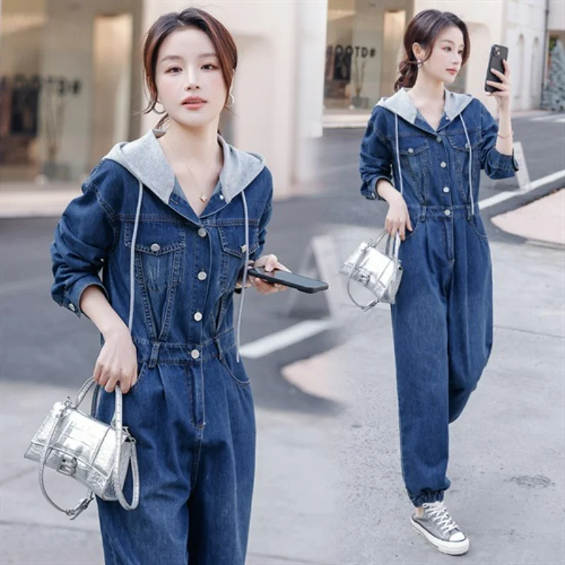 Spring Hooded Denim Jumpsuits for Women Jump Suits Straight Cotton Blue Pocket Drawstring Button Color Matching Blue Jeans Pants