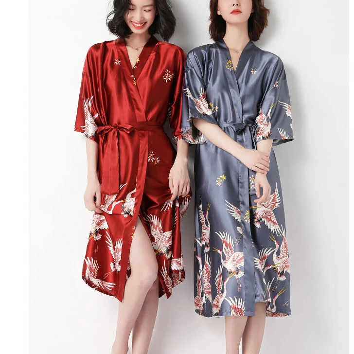 

Women Silk Robe Sexy Wedding Morning Night Gown Female Imitation Ice Silk Pajamas Robe Sleepwear Ladies Night Dress