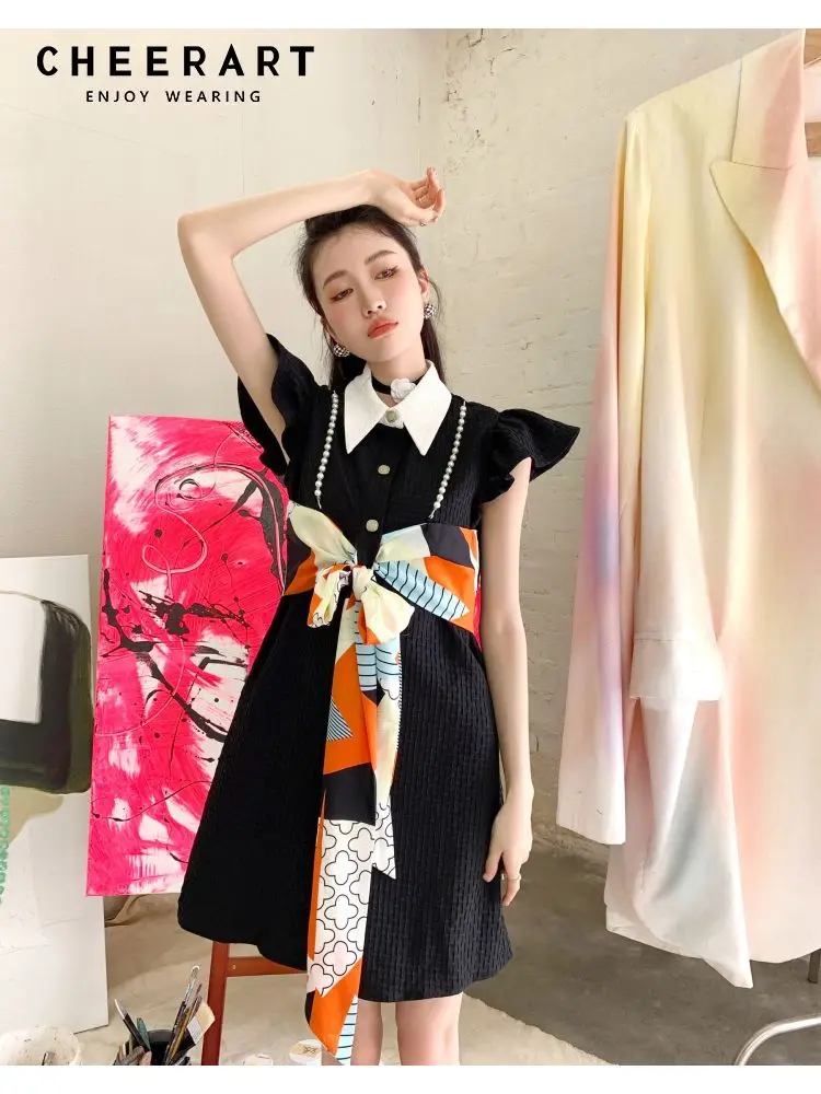 

CHEERART Pearl Chain Black Designer Shirt Dress For Women 2022 Sleevless Summer Mini Button Up Collar Dress Designer Clothes