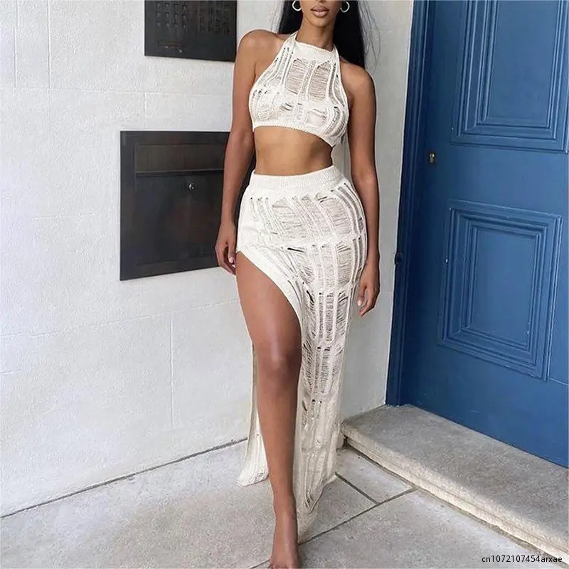 

2023 Pleated Sexy Open Back Strap Top Split Skirt Set Women's Beach Tunic Dress Swim Suit Cover Up Korean Fashion Kaftan