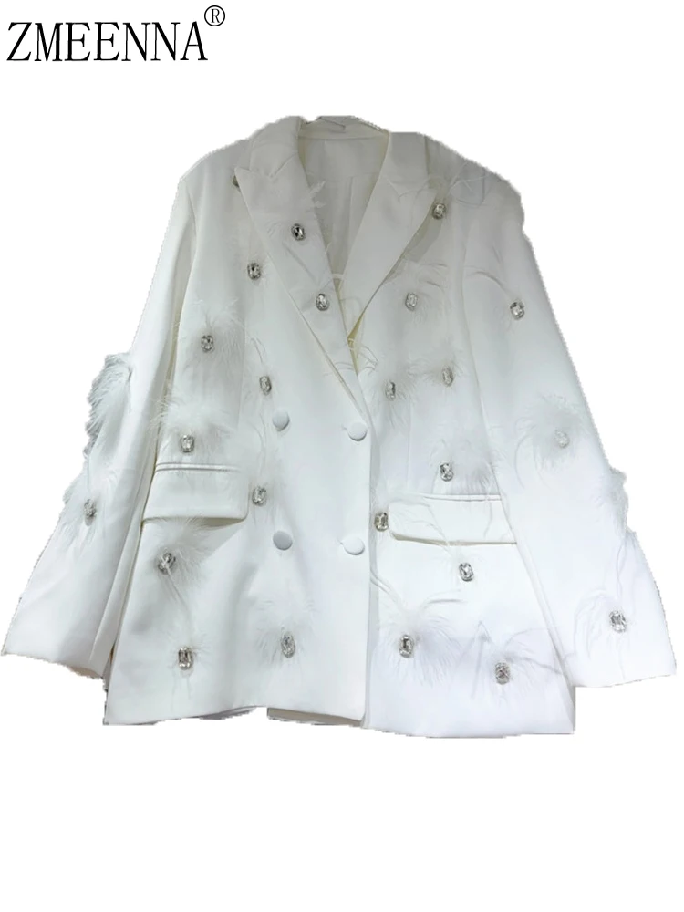 ZMEENNA Стразы пэчворк перо двубортный зубчатый однотонный тонкий женский Блейзер