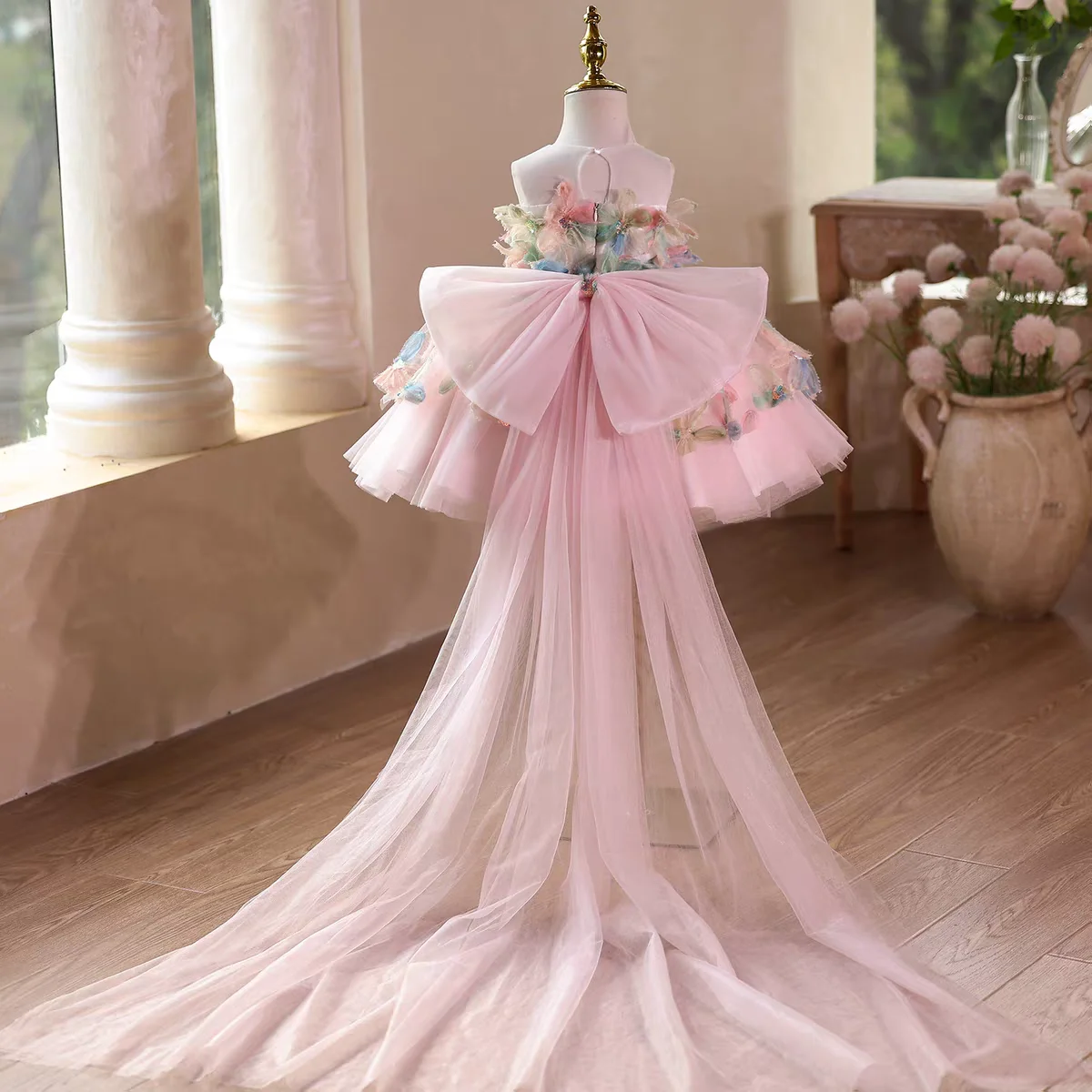 Фото Dreamy Vow D113, элегантное розовое платье для маленьких девочек, тюлевое платье без рукавов с цветочным принтом, детское праздничное платье для выпускного вечера длиной до колена на день рождения №3