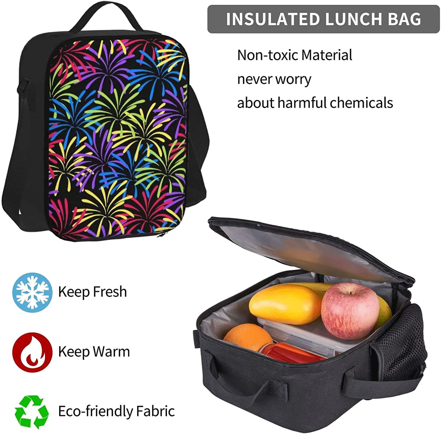 Fireworks Splash Backpack Set 3-Piece Teen Boys Girls Backpack Messenger Lunch Bag Pencil Case Set