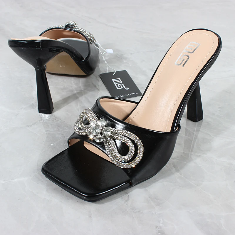 Modern Slippers 2023 Summer New PU Crystal Butterfliy-knot High Heel Shoes Stiletto Heel Outer Fashion Sexy Women Slippers